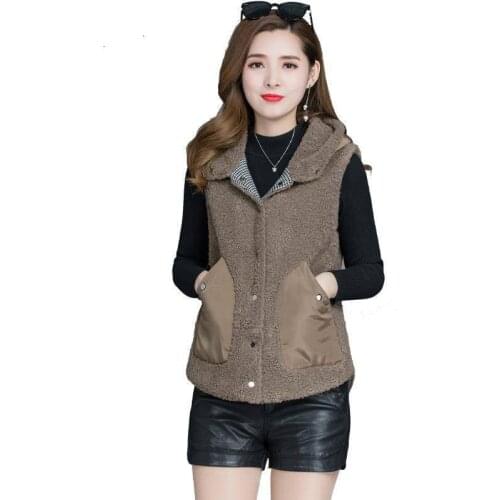 2021 Spring Autumn New Outcoat Imitation Lamb Hair Waistcoat Jacket Womens Hooded Vest Coat Thermal Short Sleeveless Top Female