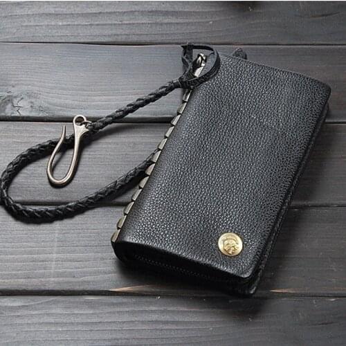 New fashion rivet chain genuine leather wallet men long wallet leather men purse male clutch bag money clip money bag phone case