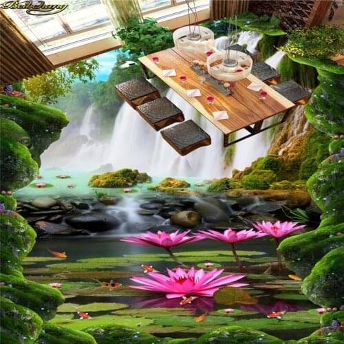 Beibehang Custom Photo Wallpaper Floor Painting Stickers Waterfalls Lotus Carp River Bath Bathroom Kitchen 3D Floor