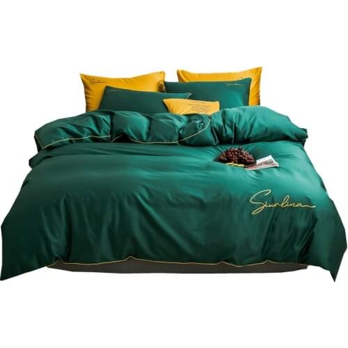 2021 Four-piece bedding simple cotton double household bed sheet quilt cover embroidered piping comfortable bedding dark green