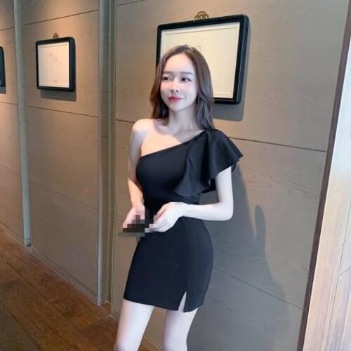 ZC3315 2021 summer new women fashion sexy temperament inclined shoulder flounces slim wrap hip dress cheap wholesale