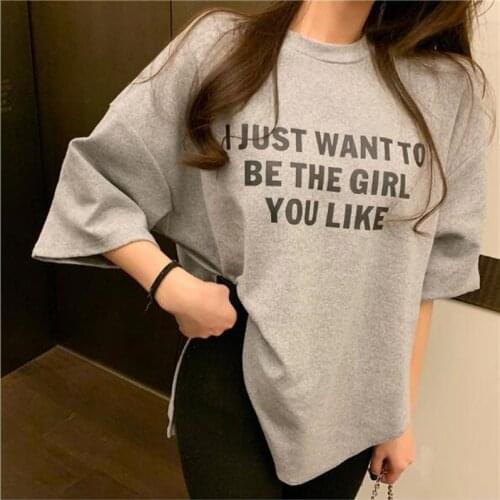 High Quality T shirt Women Letters Print Short Sleeve O Neck Tshirt Femme Bottom Side Split T-shirt Woman