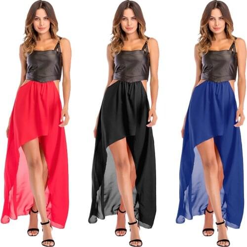Witbuy Summer Dresses For Women Sexy PU And Chiffon Sleeveless Spaghetti Strap Hollow Out Asymmetrical Club Dress With Zipper