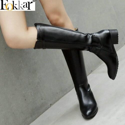 Eokkar 2021 All Match Knee High Boots For Women Square Heels Winter Boots Ladies Thick Heels Solid Boots Black Shoes Big Size 43