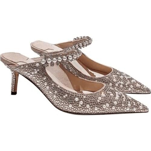 Pearls High Heels Slippers Shoes Women Summer New 2021 Fashion Shiny Rhinestones Pointed Toe Pearl Slippers Fashion Party Shoes