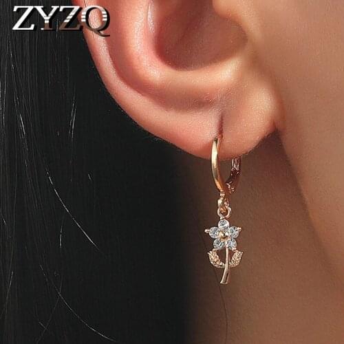 ZYZQ Sweet Drop Earrings For Women Elegant Delicate Flowers Zirconia Gold Color Brincos Party GiftS Fashion Jewelry Selling
