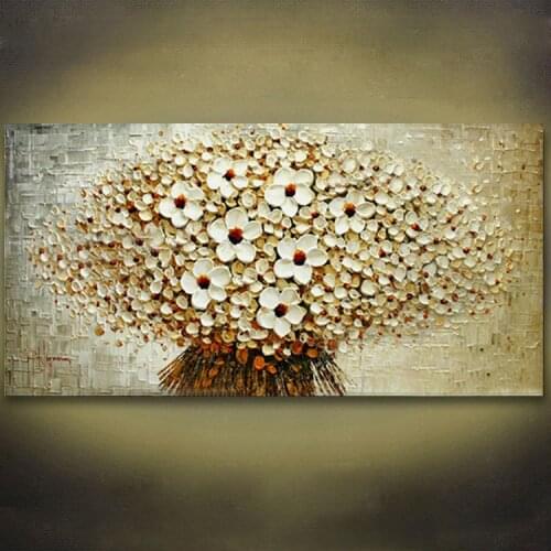 100% Hand-painted modern home decor wall art picture a bunch of beige flowers thick paint palette knife oil painting on canvas