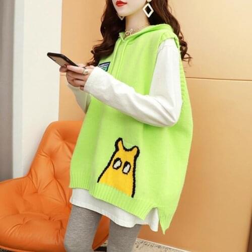 #2429Spring Long Sweater Vest Women Hooded Cartoon Knitted Waistcoat Female Loose Harajuku Pullovers Vest Coat Beige Khaki Green