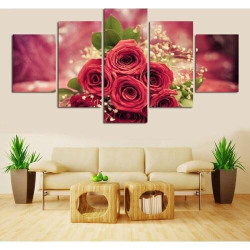 5PCS Modern Wall Painting Red Rose Canvas Poster Frameless Living Room Painting Simple Bedroom Bedside Decorative Painting
