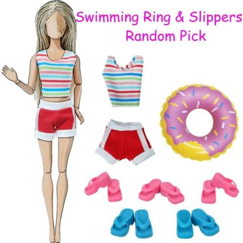7 Pcs/Pack = 1x Swimsuit Bikini + 1x Random Swimming Ring + Random 5x Mix Slippers Accessories Clothes for Barbie Doll Baby Toy