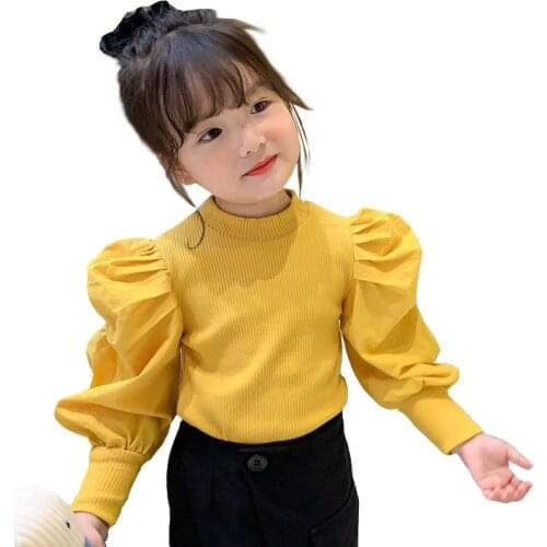 Childrens Puff Sleeve Threaded Bottoming Shirt 2021 Spring Autumn Girls Retro Stitching Shirt Tops Baby Stand-up Collar T-shirt