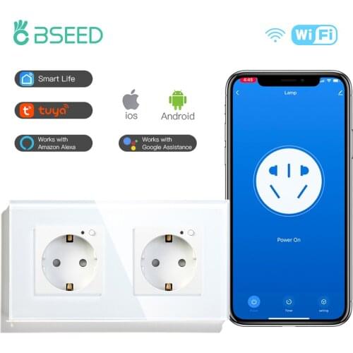 BSEED WIFI Double Power EU Sockets Smart Google Alexa Intelligent Wall Sockets App Voice Control Sockets On/Off Switches Timming
