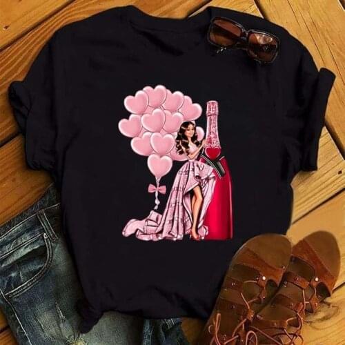 FIXSYS 90s Yong Girl Tops Tees Pink Balloon Print Women BlackTshirt Casual Summer Short Sleeves T Shirts New Fashion T Shirt