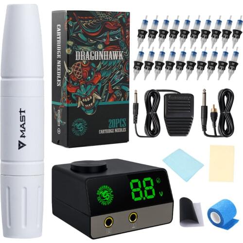 White Two Stoke Length Mast Magi Makeup Rotary Tattoo Machine Pen LCD Power Supply Kit with Silicone Case Cartridge Needle Set