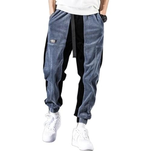Retro fashion mens casual pants blue black overalls jogging hip-hop style loose corduroy pants