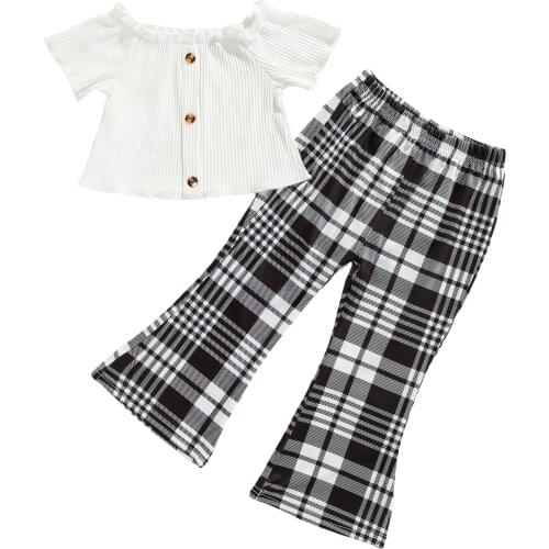 New Infant Short Sleeves + Flared Pants, Black and White Check Print Single-breasted Summer Clothing