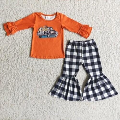 Wholesale Baby Girl Thanksgiving Clothing Orange Ruffle Long Sleeve Pumpkin Shirt Plaid Bells Pants Set Kid Children Outfit