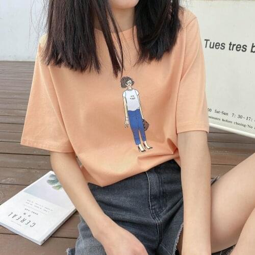 Orange Color Women Summer T Shirts Cotton Material Cartoon Print Women Casual Tops Tees For Ladies