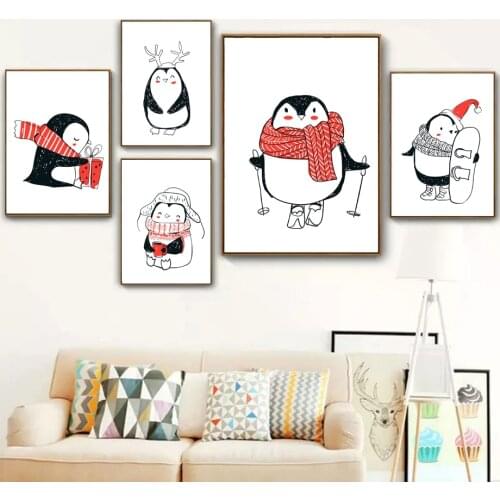 Penguin Cup Scarf Hat Snowboard Skiing Poles Wall Art Canvas Painting Nordic Posters And Prints Wall Pictures Kids Room Decor