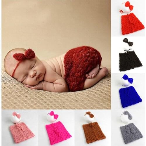 Baby photo props new born mohair knitted outfit newborn photography accessories infant crochet suit with bow headband fotografie