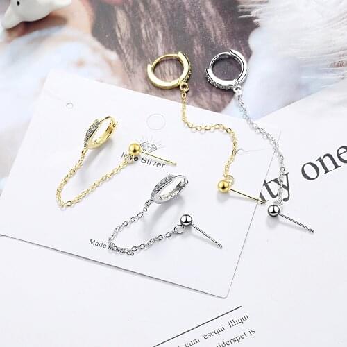 925 Sterling Silver 1PC Double Ear Hole Cubic Zircon Hoop Earrings Link Chain Earring Jewelry For Women S-E1009
