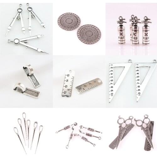 20Pcs/Lot Alloy School Ruler Compass Charms Fire Extinguisher Scissors Comb Pendant For Bracelet Keychain Jewelry Accessories
