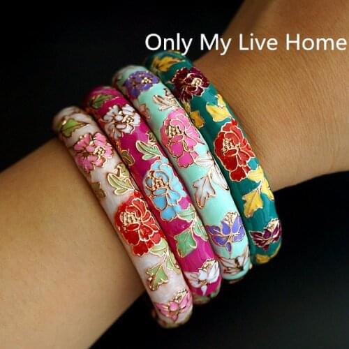 Traditional Peony Flower Chinese Filigree Hard Bracelet Cloisonne Enamel Split Bangles For Women Accessory Fashion Jewelry