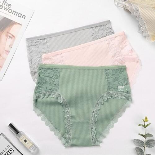 3PCS Hot Sale Cotton Panties Comfot Seamless High Waist Womens Panties Solid Lace Briefs Underwear Sexy Plus Size Underpants