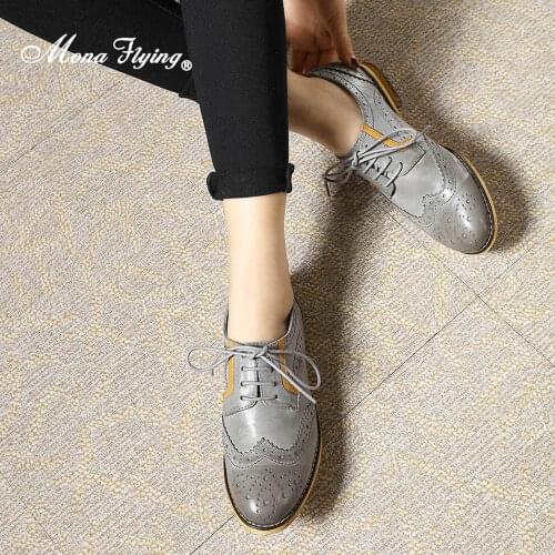 Mona Flying Women Premium Leather Oxfords Shoes Hand-made Dress Lace-up Block Wingtips for Ladies Girls 2021 New FLX18-20