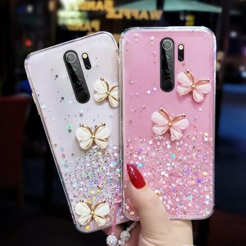Ultra-thin Cute Bling Glitter Lanyard Silicone Phone Case For Xiaomi Redmi Note 9 8 7 Mi 11 0 9 T Lite Pro Luxury Rope Cover