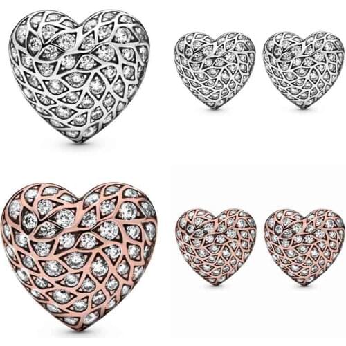 925 Sterling Silver Rose Sparkling Pattern Heart pandora Earrings With Crystal For Women Wedding Birthday Party Jewelry Gift