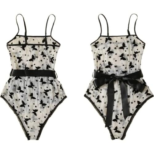 Women Mesh Short Romper Bow Lingerie Butterfly Print See Through Sling Jumpsuit with Waistband For Honeymoon Night Wedding