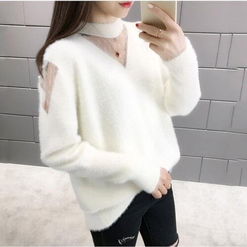 Ymwmhu Solid Lace Collar Sweater Women Hollow Out Neck Winter Thick Clothes Elegant Korean Warm Sweater Women Knitwear