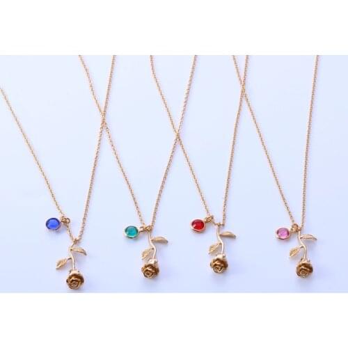 3D Rose Necklace Personalized Custom Birthstone Charm Jewelry Necklace Final Rose Flower Beauty and the Beast Jewelry Women
