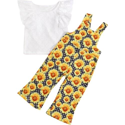 2021 0-5Y Boho Summer Kids Baby Girl Clothing Flower Lace Sleeveless Blouse Top+Sunflower Print Overalls Suspender Pants 2pcs