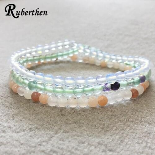 Ruberthen 4 mm Opal Stone Bead Bracelet Natural Fluorite Pink Aventurine Bracelet Set Women`s Mini Gem Stone Energy Bracelet