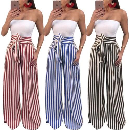 High Waisted Wide Leg Pants Women Trousers 2017 Autumn Elegant Black Casual Striped Bow Tie Drawstring Loose Palazzo Pants