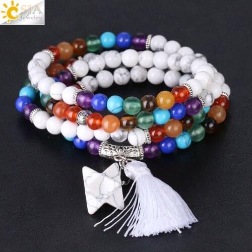 CSJA Reiki 7 Chakras Gem 108 Mala Beads White Howlite Fashion Tassel Bracelets Necklaces Natural Jewelry Meditation Prayer F213