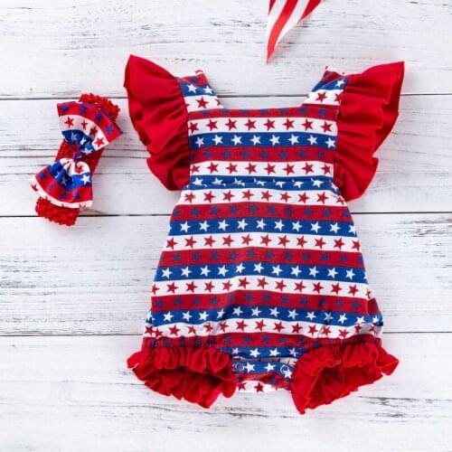 Newborn Baby Girls Cotton 4th of july Clothes Ruffle Flutter Sleeve Girls Romper Headband Stars Stripes Patriotic Kids Jumpsuits