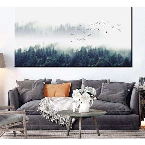 Foggy Forest Canvas Poster Landscape Art Print Long Banner Painting Nordic Art Decoration Nature Wall Picture for Living Room