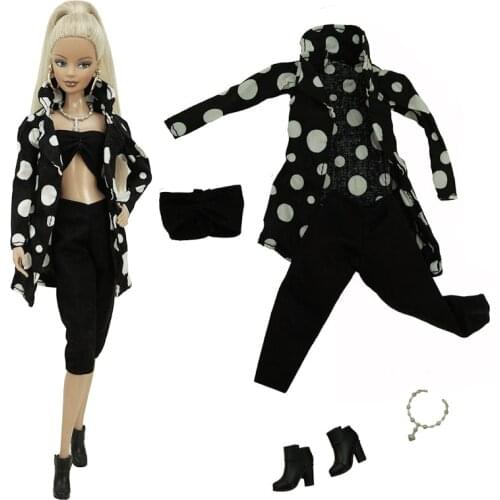 1/6 Classic Black Dotted Polka Outfits Set For Barbie Doll Clothes Top Pants Shoes Necklace 11.5" Dolls Accessories Kids DIY Toy