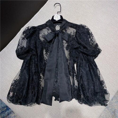 Lace Blouse Women 2021 Spring Summer New Princess Style Bow Scarf Long Lantern Sleeve Embroidered Mesh Shirt Girls Tops Blusa