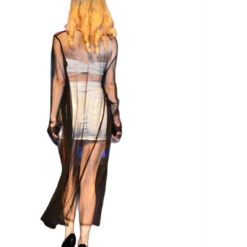 Summer Mesh Black Long Cape Coat Women Poncho Fashion Stage Showing Top Fishnet Transparent Sexy Windbreaker Clubwear Streetwear