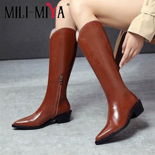 MILI-MIYA Classic Design Pointed Women Cow Leather Mid-Calf Boots Zipper Square Heels Solid Color Motorcycle Shoes Size 34-40