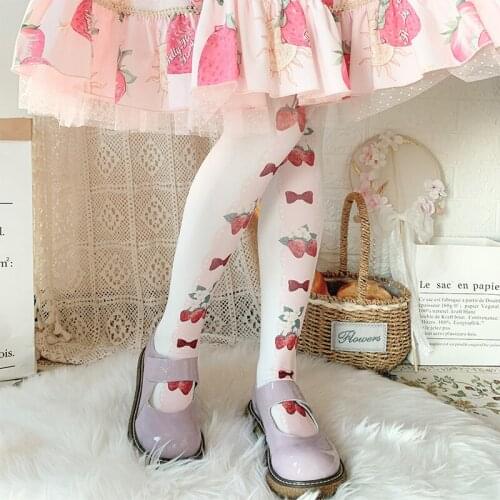Cute Strawberry Bow tie Print Pantyhose Lolita female Spring summer 120D velvet Over Knee Socks Sweet Japanese Stocking Cosplay