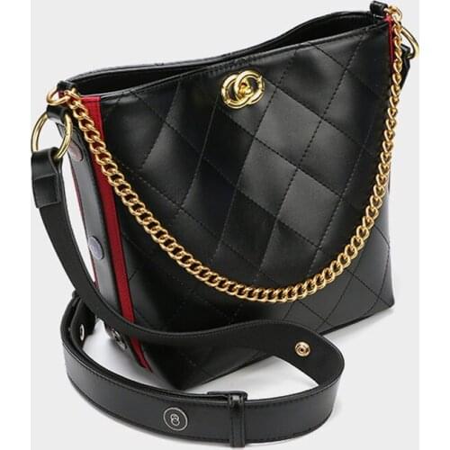 2020 New Genuine Cowhide Womens Bag Brand Handbag Bucket Bag Lingge High Grade Chain Single Shoulder Messenger Bag