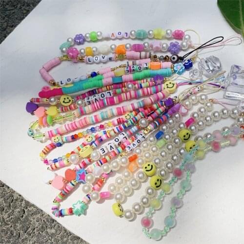2021 New Handwork Mobile Phone Strap Lanyard Colorful Smile Pearl Soft Pottery Rope for Cell Phone Case Hanging Cord for Women