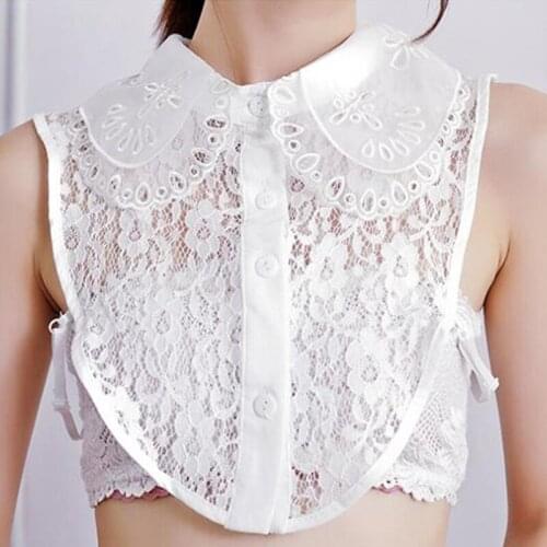 Korean Style Women O-Neck Sweet Doll Fake Collar Hollow Crochet Floral Lace Half Shirt Faux Button Decorative Sweater Shawl