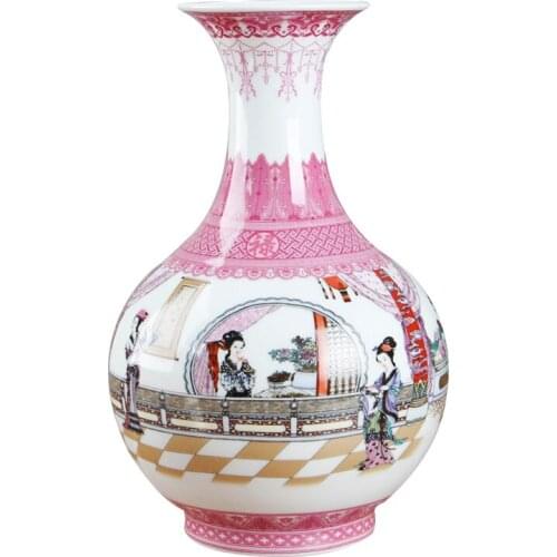 New Design Jingdezhen Antique traditional Chinese painting of beautiful women Pink Ceramic Vase For Home Hotel Decoration
