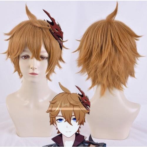 Tartaglia Childe Cosplay Wig Genshin Impact Cosplay Orange Heat Resistant Synthetic Hair Tartaglia Halloween Cos+ Wig Cap